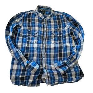 INC women's medium button down blue plaid long sleeve shirt